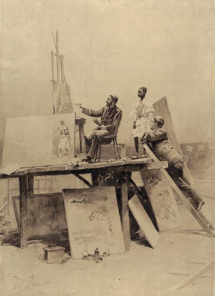 Photograph of a watercolor painting by F.W. Heine of fellow artist Franz Rohrbeck.  Rohrbeck is painting a study of a figure for the  Jerusalem panorama (cyclorama) of the crucifixion of Christ.  He is seated on a raised platform surrounded by canvases depicting other studies.  A model poses for Rohrbeck while another of the panorama artists, Thaddeus von Zukotynski (Zuchatinsky, Chuchodinski) watches.