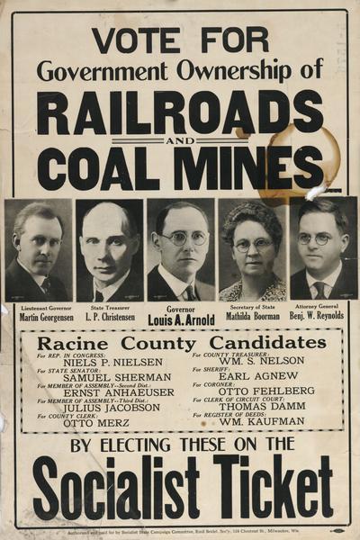 Poster encouraging voters toward the Socialist ticket regarding government ownership of railroads and coal mines.