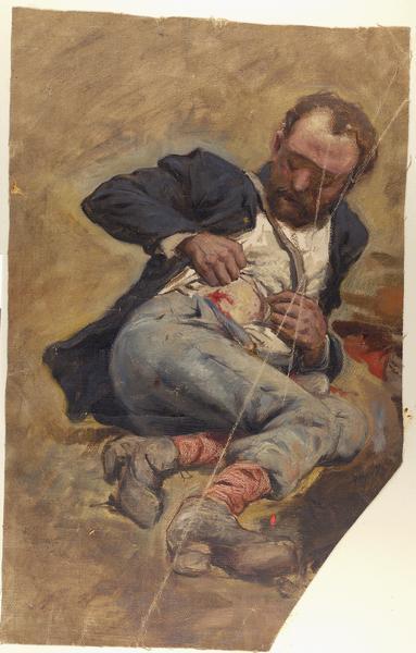 Oil on linen study of a Union Civil War soldier examining his wound. The study was created as part of the work of the German panorama painters active in Milwaukee during the 1880s. Although unsigned it is probably by F.W. Heine. Once thought to have been intended for a Gettysburg painting, Heine's diaries now suggest it was intended for a panorama of the Atlanta or Missionary Ridge battles.