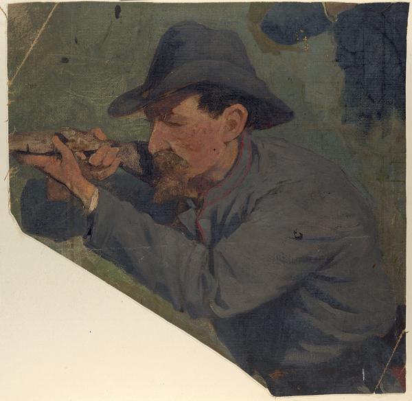 Oil on linen study of a Confederate Civil War sharpshooter aiming his rifle, created as a preliminary study for a Civil War cyclorama.  Although unsigned the study is probably by F.W. Heine.  Previously thought to be studies for a Gettysburg cyclorama, they are now thought to be depictions for the cycloramas of battles of Atlanta and Missionary Ridge.