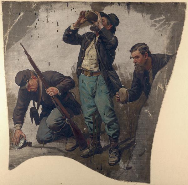 Oil on linen study of three Union Civil War soldiers drinking from and holding canteens. The painting is the work of one of the German panorama artists active in Milwaukee during the 1880s, probably F.W. Heine. These figures were painted as a study for <i>The Battle of Atlanta</i> cyclorama, and are visible in the finished work, held by the Atlanta History Center.