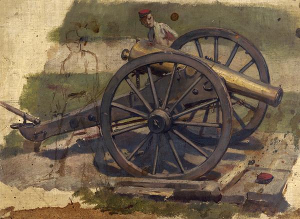 Oil on linen study of a Civil War cannon with a soldier in the background and the sketched outline of another soldier in firing position.  Although unsigned, the study was probably done by F.W. Heine or Franz Rohrbeck, two of a group of Milwaukee panorama painters active during the 1880s. Previously thought to be a study for a Gettysburg cyclorama, the study is now thought to depict either the Atlanta or Missionary Ridge battles.