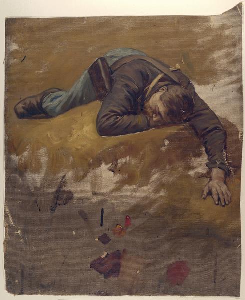 Oil on linen study of a dead or wounded Civil War soldier created as a preliminary study by one of the Milwaukee panorama painters active during the 1889s.  Although unsigned the study is probably by F.W. Heine.  Previously thought to have been for the Gettysburg cyclorama, the study is now thought to have been for paintings of the Atlanta or Missionary Ridge battles. 
