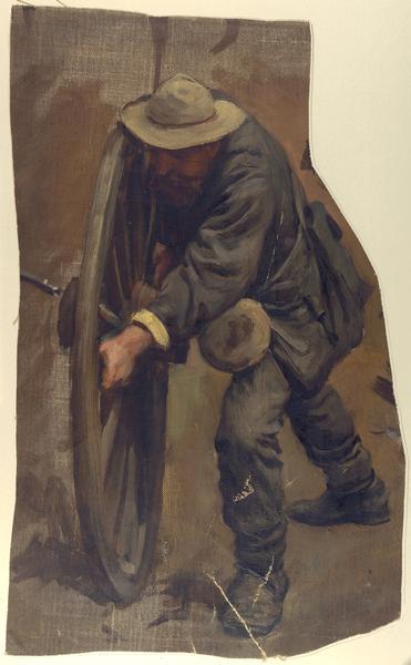 Oil on linen study of a Confederate holding a wagon wheel, created as part of a painting by the Milwaukee panorama painters active during the 1889s.  Although unsigned it is probably by F.W. Heine.  Previously thought to have been done for a Gettysburg cyclorama, it is now thought to have been intended for paintings of the Atlanta or Missionary Ridge battles.