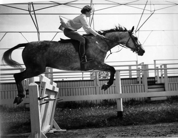 Patricia Ferneding of Hartland, Wisconsin takes her Lightweight Hunter named Just So over a jump at the Wisconsin State Fair. Miss Ferneding won the Ladies and Lightweight Hunter Class at the Fair.