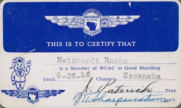 Wisconsin Civil Air Corps card, Escanaba chapter, issued to Meinhardt Raabe.