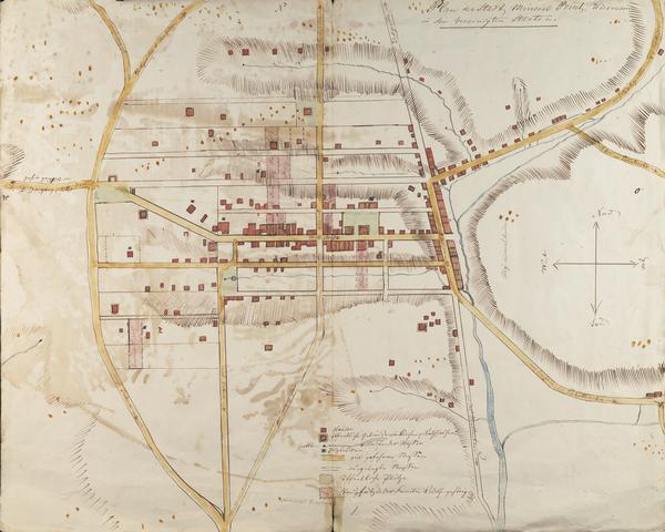 A hand-drawn plat map of Mineral Point, Wisconsin showing street layout and location of buildings.