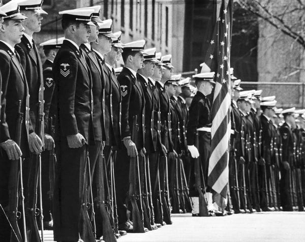 Members of Marquette University's naval ROTC line up on campus for their annual review.