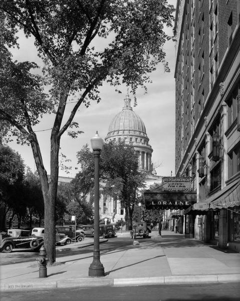 Wisconsin State Capitol from West Washington Avenue. The Loraine Hotel is on the right.