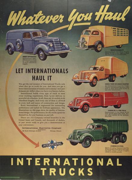 Advertising poster for International trucks. Features color illustrations of light-delivery, cab-over-engine D-300, articulated truck-tractor, and D-30 trucks. Poster text says: "Whatever You Haul Let Internationals Haul It."