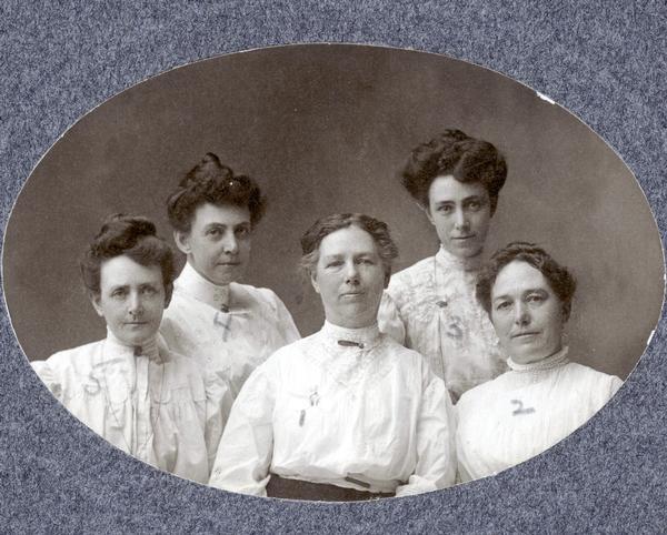 Portrait of five women identified as Aunt Clara Bewick Colby, Aunt Mary White, Bessie, Dara, and Esther.