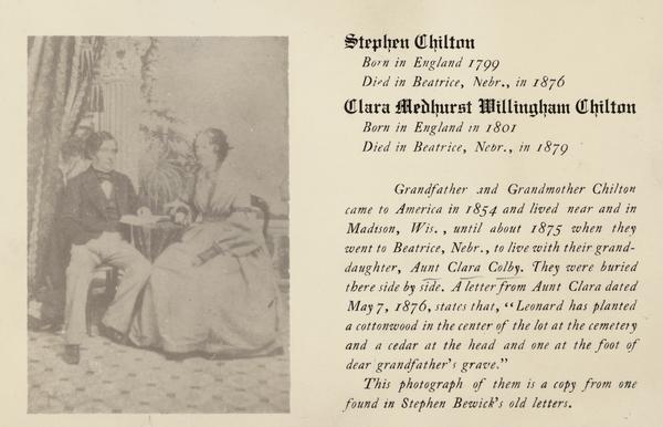 Holiday postcard featuring a photograph of Stephen Chilton and Clara Medhurst Willingham Chilton, grandparents of Aunt Clara Bewick Colby.