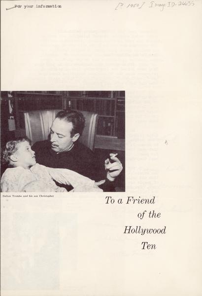 Dalton Trumbo holds his son Christopher on his lap while smoking a cigarette. Cover image of the booklet "To a Friend of the Hollywood Ten."