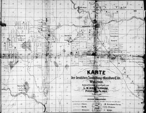This photocopy map shows inhabited farms, rivers, roads, and mills in the vicinity of Marathon City [and village of Edgar], including area between the Big Aux Plains and Rib Rivers. Covers parts of Townships 27-28 North, Ranges 4-6 East.
