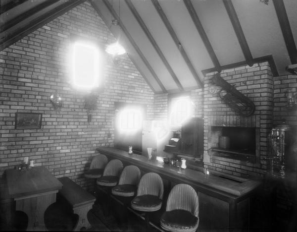 Interior of the Log Cabin Bratwurst restaurant, located at 529 1/2 State Street.