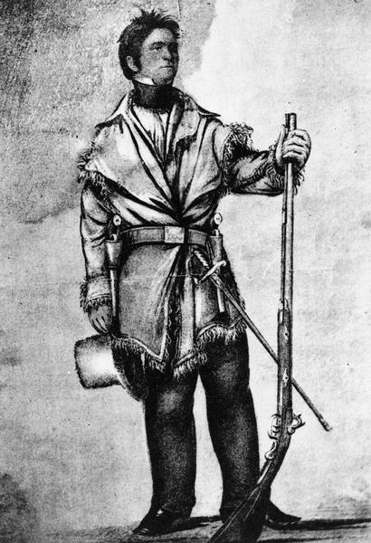 Full-length illustration of Henry Dodge in frontiersman attire. He is holding a hat, a gun, and has a sword on his belt.