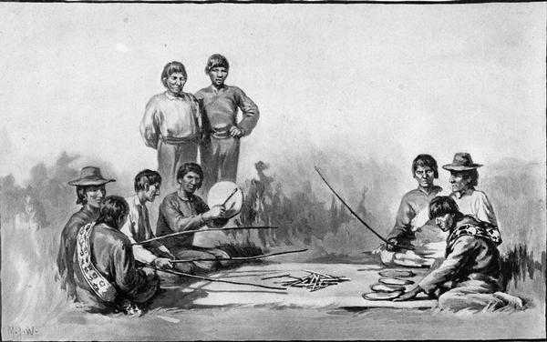 Menominee men playing the moccasin or bullet game.