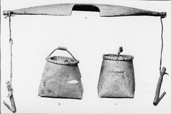 Sap buckets made of birchbark and a yoke for carrying them.