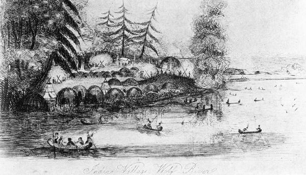 A Menominee Indian Village on Wolf River. There are dwellings on the shore and many people in canoes are on the river.