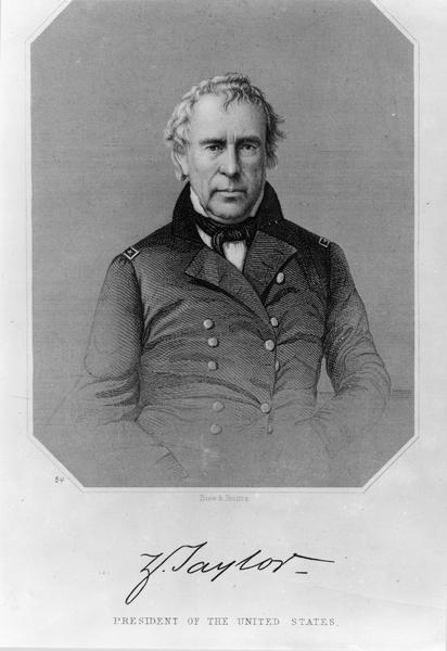 A portrait of  Zachary Taylor, 12th President of the United States, 1849-1850. Born in Virginia on November 24, 1784,  Taylor died in office on July 9, 1850 upon getting sick from  eating cherries and milk at a July 4th celebration.  He was the second president to die in office.  Taylor, nicknamed "Old Rough and Ready," was a career army officer, who served for 40 years and was a General during the Mexican War.