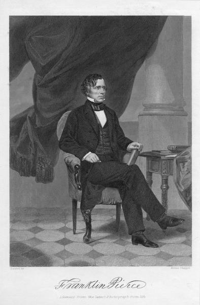 A portrait of Franklin Pierce, 14th President of the United States, 1853-1857.  Pierce was born on November 23, 1804 in Hillsboro, New Hampshire and died October 8, 1869 in Concord, New Hampshire.  He served in the New Hampshire legislature and then in the U.S. Congress as both Representative and Senator.   He was elected U.S. President as the candidate of the Democratic party.   His 11-year-old son was tragically killed in a train wreck just 2 months before he took office.  At the end of his term, the Democratic party refused to renominate him, believing he had been too controversial as President.