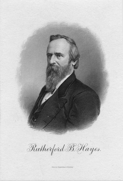 Rutherford B. Hayes, 19th President of the United States (1877-1881).
Born in Delaware, Ohio on October 4, 1822, he died on January 17, 1893 in Fremont, Ohio.  Hayes won the most heavily disputed election in the country's history, actually losing the popular vote to his opponent.  Prior to the presidency, Hayes fought in the Civil War, attaining the rank of brevet major general, was elected to Congress, and served three terms as Governor of Ohio.  He announced in advance that he would only serve one term as President.