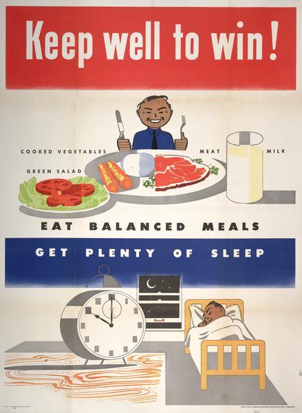 Poster showing a man eating a balanced meal and getting plenty of sleep in order to help win the war. The poster was printed for the Labor-Management Production Drive Committee by the Magill-Weinsheimer Company of Chicago.