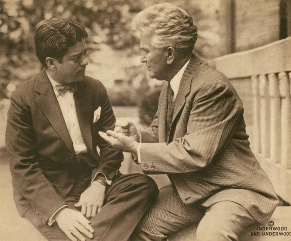 Portrait of Robert M. La Follette, Sr., on the right, in discussion with his son, Robert M. La Follette, Jr.  This photograph was taken during the same year La Follette senior was nominated for President of the United States on the Progressive Party ticket.