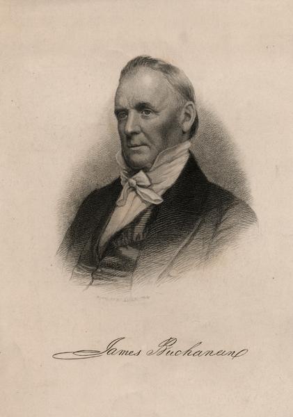 A head and shoulders portrait of James Buchanan, 15th President of the United States, 1857-1861.  Buchanan was born in Cove Gap near Mercersburg, Pennsylvania on April 23, 1791 and died on June 1, 1868 in Lancaster, Pennsylvania.   The only President who never married,  he had a long career in public service prior to the presidency, serving 5 terms in the  U.S. House of Representatives,  serving as Minister to Russia, then a decade in the U.S. Senate, Polk's Secretary of State, and Pierce's Minister to Great Britain.  Because his foreign service kept him out of the bitter domestic disputes leading up to the Civil War, the Democrats felt he would be a more favorable candidate than the current President, Franklin Pierce.  Buchanan thought the crisis would disappear if he exercised balance in his appointments and persuaded the people to accept Constitutional Law as interpreted by the Supreme Count.  He was wrong.