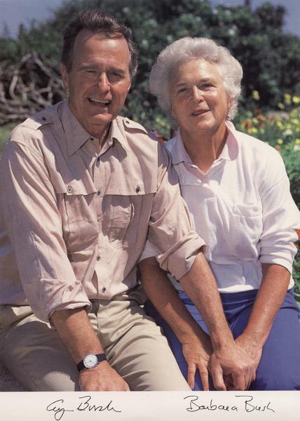 George Herbert Walker Bush, 41st President of the United States, with his wife, Barbara Pierce Bush.  Bush was born on June 12, 1924 in Milton, Massachusetts. He was a Navy pilot, flying 58 combat missions during World War II.  Later, Bush served two terms as a Representive from Texas in the U.S. Congress and then ran unsuccessfully for the Senate.  Subsequently, he was appointed Ambassador to the United Nations, Chairman of the Republican National Committee, Chief of the U.S. Liaison Office to China, and Director of the Central Intelligence Agency (CIA).  Failing in his bid to win the Republican presidential nomination in 1980, Bush ran as Ronald Reagan's vice presidential candidate. They were elected.  Bush won the Presidency in the 1988 election, but failed to win reelection in 1992.