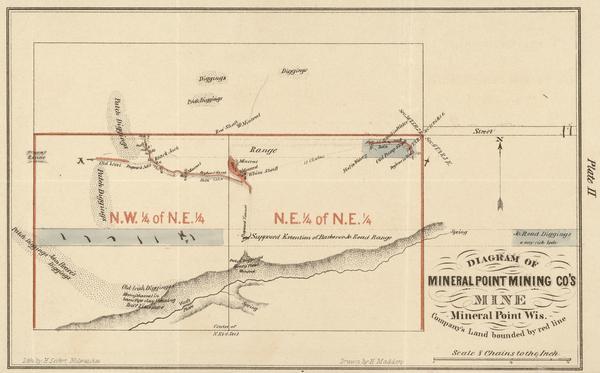 Lithograph of a map drawn to indicate a mine on land owned by Mineral Point Mining Co. in the lead region of southwestern Wisconsin.