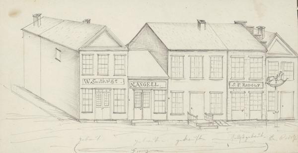 Pencil sketch of a building owned by the Rodolf family along a commercial street.