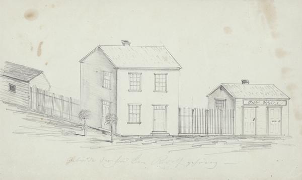 Pencil sketch of buildings, including the Post Office.