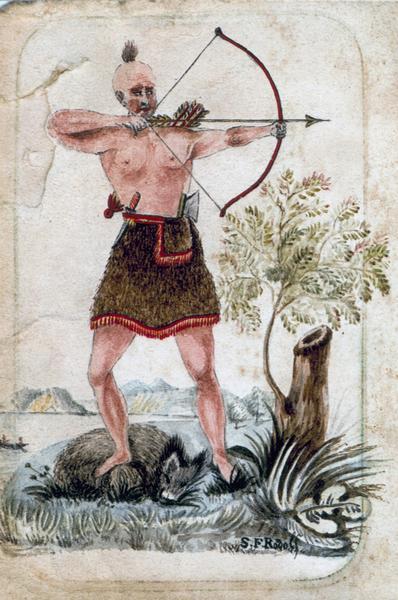 Photograph of a drawing of an Indian aiming his bow and arrow, with one foot standing on an earlier kill.