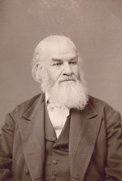 Studio portrait of Warren Chase with white beard and hair. He was the fourierite leader at Ceresco, home of the Wisconsin Phalanx.