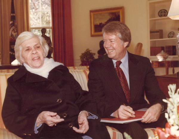 Jimmy Carter, the 39th President of the United States, enjoys a moment with his mother, "Miss Lillian" Carter at the White House.