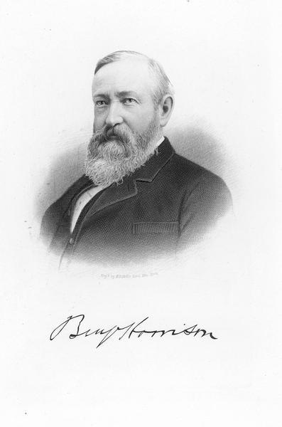 A head and shoulders portrait of Benjamin Harrison, the 23rd President of the United States, 1889-1893.  Harrison was born on August 20, 1833, on a farm near the Ohio River in North Bend, Ohio and died on March 13, 1901, in Indianapolis, Indiana.  During the Civil War he served as Colonel of the 70th Volunteer Infantry.  He subsequently developed a reputation as a brilliant lawyer in Indianapolis and also campaigned for the Republican party. In the 1880's, he served in the U.S. Senate.  He ran for President in the 1888 election and carried the Electoral College, while losing the popular vote to Cleveland. Although he ran for reelection in 1892, he was defeated by Cleveland.  Harrison signed the Sherman Anti-Trust Act, the first federal act that attempted to regulate big business and trusts.