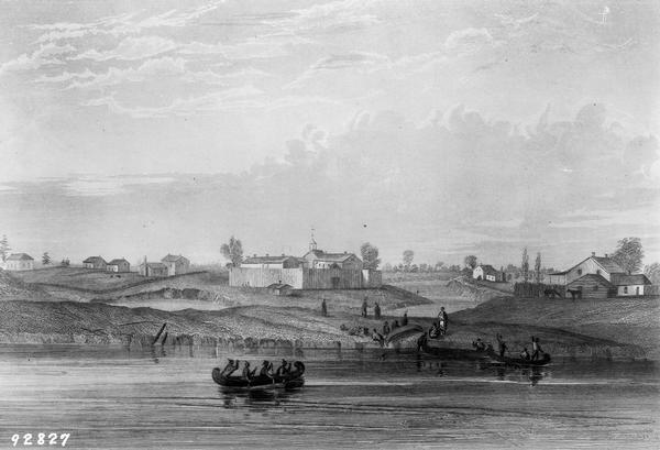 Engraving of Fort Dearborn (center) and Kinzie Mansion (right) after Seth Eastman's original drawing in 1820 for the U. S. Army. Several people are visible in canoes in the lake and at the water's edge.