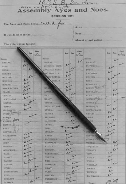 Tally sheet for the Assembly vote on David James's suffrage referendum bill. Photograph of the voting record of the Wisconsin Assembly on the measure to provide for the extension of the suffrage to women, April 26, 1911, and of the pen used by Governor Francis E. McGovern in signing the measure.