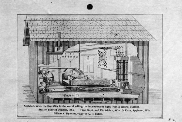 Cutaway view of the building that housed the first electrical station created to distribute incandescent light electricity.