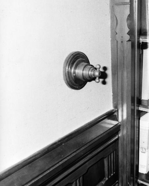 Original light switch on the wall at "Hearthstone,"  the home built by paper mill owner, Henry J. Rogers. The residence was the first dwelling electrified from a centrally located hydorelectric plant