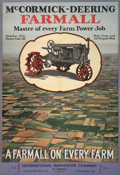 Advertising poster for McCormick-Deering Farmall tractors. Features a color illustration of a Farmall Regular tractor against an aerial view of farm lands. Includes the text: "Master of every Farm Power Job" and "A Farmall on Every Farm."