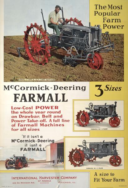 Advertising poster for McCormick-Deering Farmall tractors, featuring the F-12, F-20 and F-30. Includes the text "low-cost power the whole year round on Drawbar, Belt and Power Take-off; a full line of Farmall Machines for all sizes; if it isn't a McCormick-Deering, it isn't a Farmall." Also includes color illustrations of tractors.