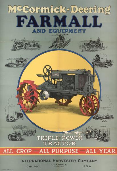 Advertising poster for McCormick-Deering Farmall Regular tractors and equipment. Includes the text "triple-power tractor." Printed by Magill-Weinsheimer Company. Includes a color illustration of a tractor.