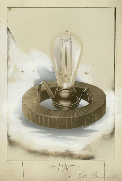 Rendering of a Thordarson Electical Manufacturing Company product.  Chester Thordarson was a Chicago inventor and manufacturer of electical apparatus, famous for inventing the electrical transformer in 1904.  He was also known for his bequest of what was the core of the UW-Madison rare book collection and his estate on Rock Island in Door County. This item, from the Thordarson Electric Manufacturing Company Electrical Laboratory and Demonstration Apparatus catalog is described as a "coil of many turns constructed so that a suitable incandescent lamp may be screwed into contact with its two terminals and permit a most vivid demonstration of the strength and direction of an alternating current field in various positions."