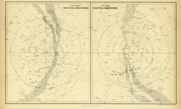 Illustration of northern and southern celestial hemispheres as seen in Black's General Atlas of the World.