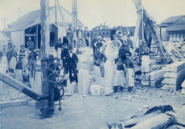 Workers during the construction of the State Historical Society of Wisconsin building.