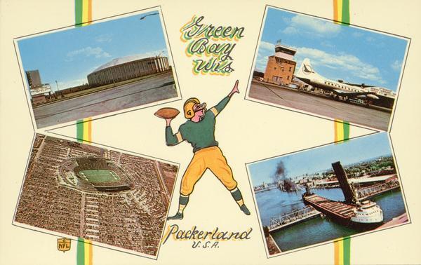 Composite image of "Packerland U.S.A." including prominent attractions: Lambeau Field, home of the Green Bay Packers, NFL Football team; the Brown County Arena; the airport; and the harbor.