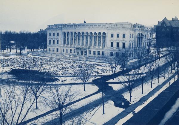 Elevated view of the east side of the State Historical Society of Wisconsin during construction.