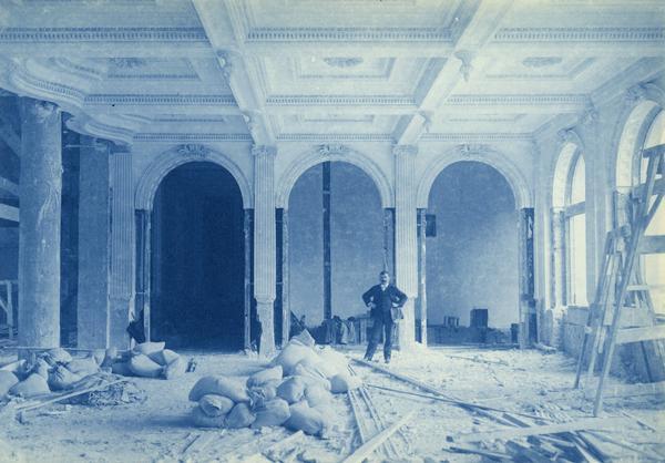 State Historical Society of Wisconsin, during construction. Details of interior, including ceiling and arches.